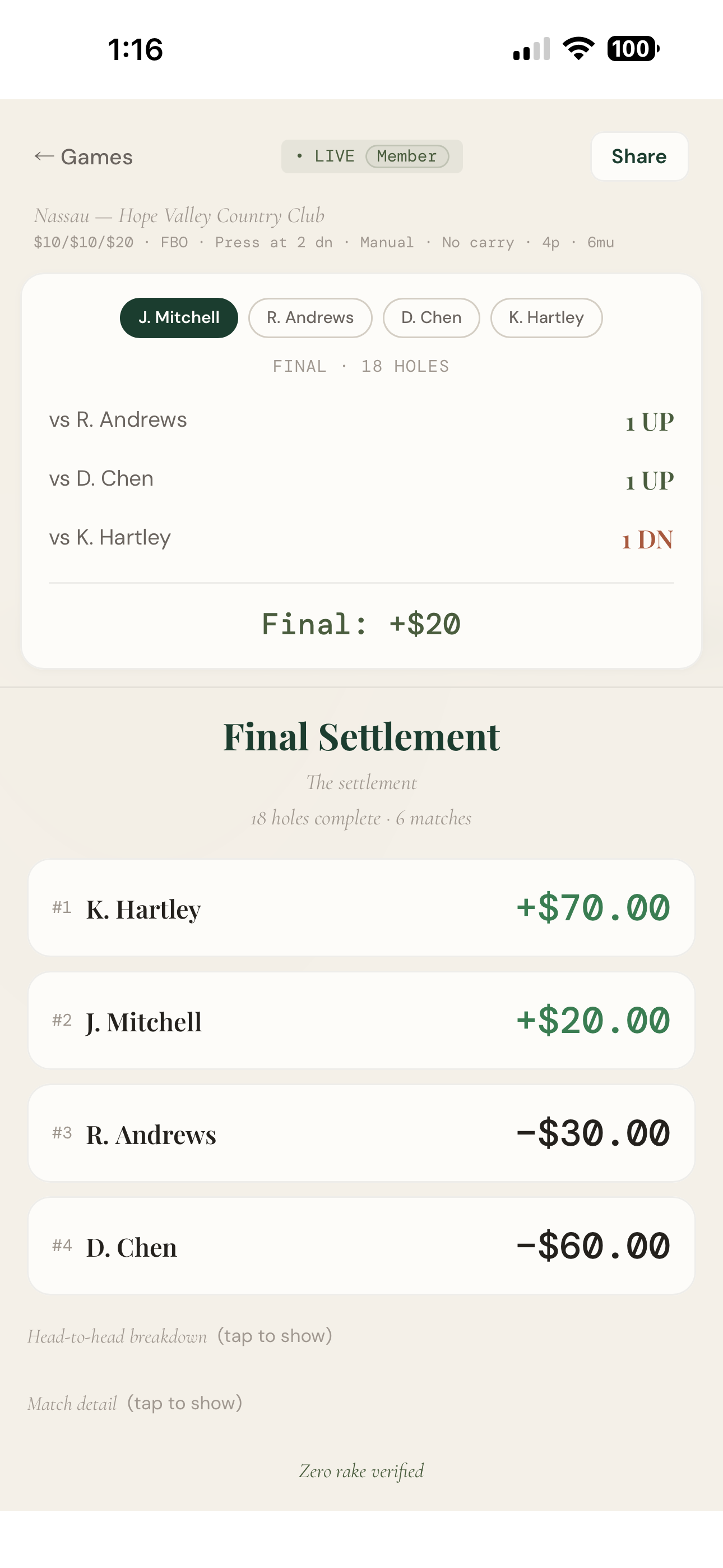 Automated Nassau settlement on iPhone